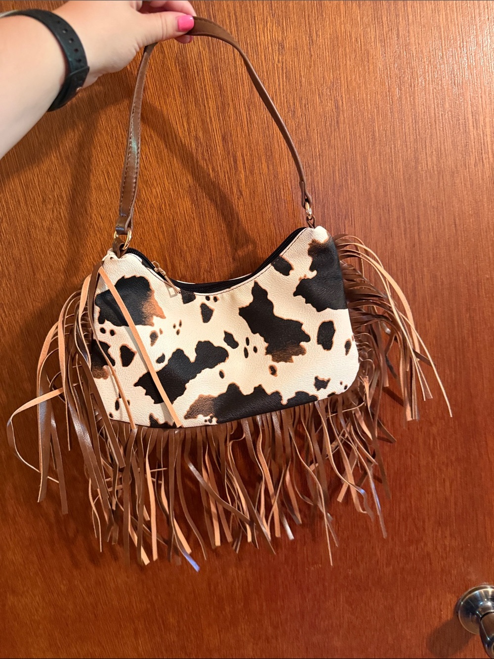 Cowhide Fringe Shoulder Bag in Brown & Cream